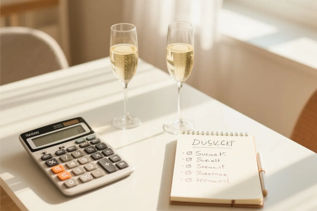 桌面上摆放计算器与笔记本的奖金规划场景，写满预算与目标清单